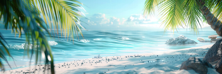 Beautiful tropical beach with palm trees and blue water banner background, close up