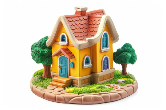 3D icon of a house in the style of a cartoon, isolated on a white background
