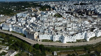 Sticker - Aerial 4K footage of the white hill town of Ostuni, in the Apulia region of  southern Italy