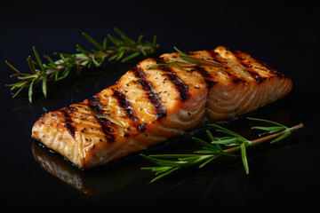 Wall Mural - grilled salmon fillet with rosemary isolated on black background