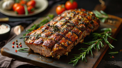 Canvas Print - A large piece of meat with herbs and spices on top of a wooden cutting board