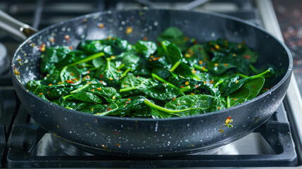 A pan of spinach is cooking on a stove