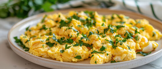 Canvas Print - A plate of scrambled eggs with parsley on top