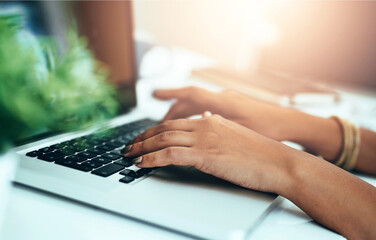 Poster - Business, hands and woman with keyboard, laptop and typing for research, financial advisor and connection. Closeup, person or employee with computer, website info and digital design for budget layout