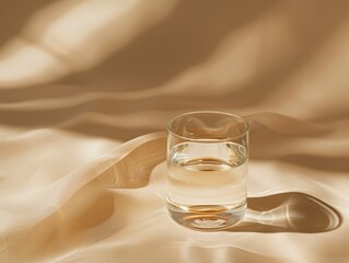 Poster - A clear glass of water sits on flowing beige fabric, with soft sunlight creating gentle shadows and a warm, serene atmosphere.
