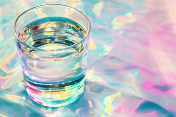 Poster - A clear glass of water placed on a colorful, iridescent surface with vibrant reflections and a dreamy atmosphere.
