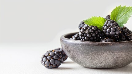 Wall Mural - Close up image of a blackberry in a bowl with a leaf isolated on a white background