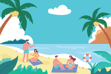 summer illustration of young people partying on the beach, with the concept of a summer festival. suitable banner, flyer, poster, background