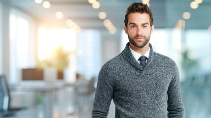 Poster - Businessman, portrait and entrepreneur with fashion, confidence or elegant style in modern office. Face, workplace or proud male designer in creative startup for development, ambition and company