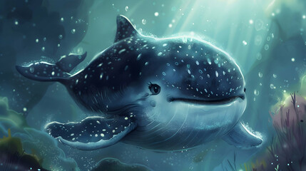 Cute Cartoon Whale Swimming Underwater Illustration