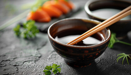 Wall Mural - A bowl of sauce with chopsticks next to it