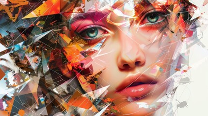 Poster - Fashionable Generative AI illustration image female facial collage many colorful elements trend puzzle hyper realistic 