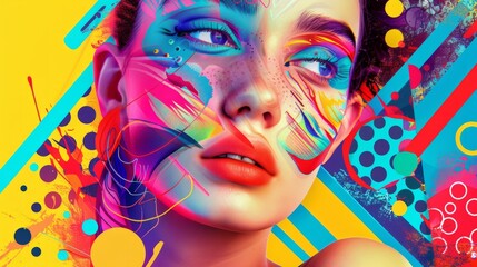 Poster - Fashionable Generative AI illustration image female facial collage many colorful elements trend puzzle hyper realistic 