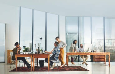 Leinwandbilder - Creative, people and coworking space in office for business on project in company as developer in digital agency. Group, feedback and collaboration in communication, growth or career in brand design