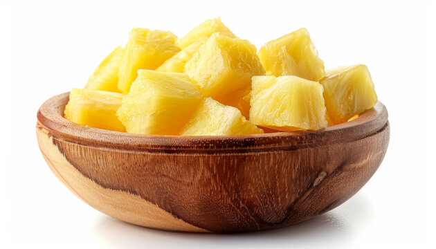 pineapple cubes in wooden bowl isolated on white background