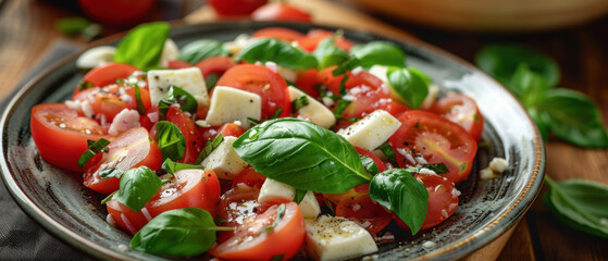 Sticker - A plate of food with tomatoes, basil, and cheese