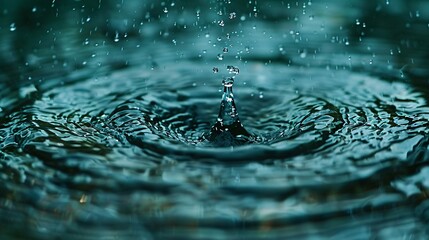 Wall Mural - Close-up water droplet surrounded by falling droplets from above and below, highlighting the mesmerizing motion of water