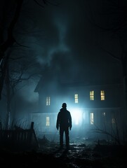 Poster - a man standing in front of a house at night