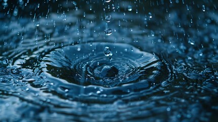 Wall Mural - Detailed close-up of a water droplet with falling droplets from above and below, illustrating the elegance of water in motion.