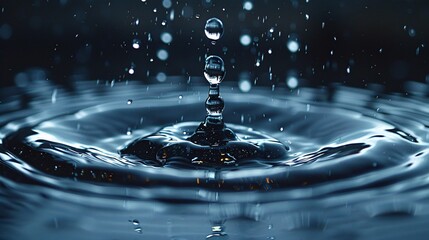 Wall Mural - Detailed close-up of a water droplet with falling droplets from above and below, illustrating the elegance of water in motion.