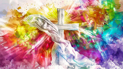 Wall Mural - A white wooden cross stands against a colorful abstract background, symbolizing the hope and joy of Easter