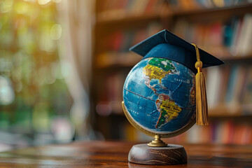 Wall Mural - globe with graduation cap on wooden table. concept of world global education and business international educational exchange