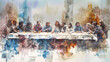 © Anoo - A modern take on the Last Supper, depicting Jesus and his disciples in a contemporary setting. The painting is rendered in a watercolor style
