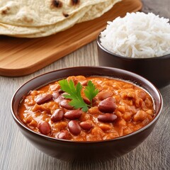 Indian food spicy kidney beans curry also called as rajma masala curry, rajma chawal or rajmah chawal with rice 