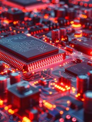 Poster - a close up shot of a semiconductor production in red futuristic lights