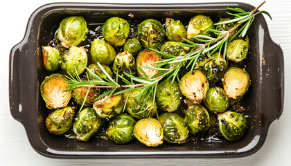 Wall Mural - Delicious roasted Brussels sprouts and rosemary in baking dish isolated on white, top view