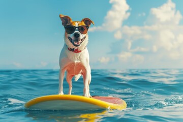 Wall Mural - A dog wearing sunglasses is happily standing on a surfboard in the middle of the ocean on a sunny day