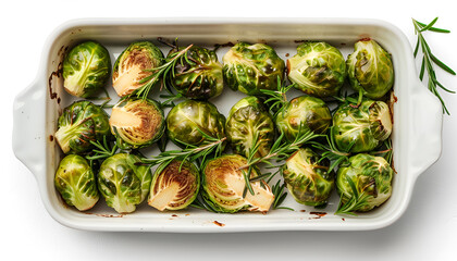 Wall Mural - Delicious roasted Brussels sprouts and rosemary in baking dish isolated on white, top view