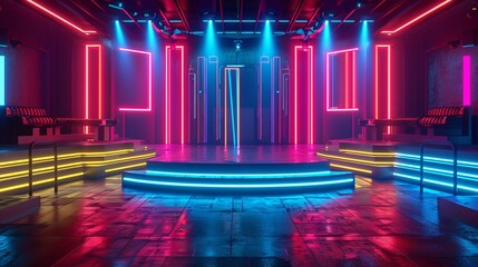Wall Mural - a game show stage illuminated by neon lights, featuring a colorful, modern aesthetic without an audience present