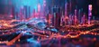 © JewJew - Abstract Cityscape with Illuminated Buildings and Glowing Patterns in Vibrant Colors Creating a Futuristic Atmosphere