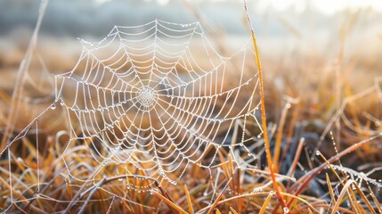 Wall Mural - White spiderweb with dew on dry grass on early spring morning