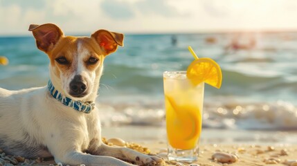 Wall Mural - A cute dog lies and enjoys in the sand of the beach. The concept of leisure and travel. Tourist destinations.