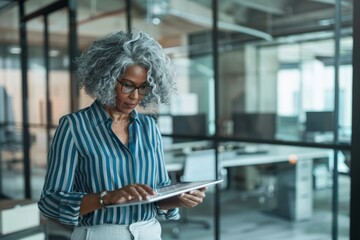 Wall Mural - A businesswoman in a blue striped shirt uses a tablet in a modern office