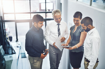 Poster - Business people, planning or tablet for teamwork, meeting and collaboration in office for review. Manager, online or discussion for feedback, news or project research in partnership for sharing ideas