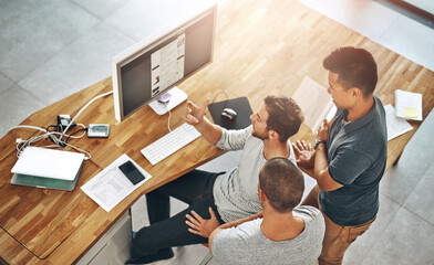 Poster - Collaboration, computer and design with business men in office for project management from above. Conversation, planning and web development with employee team in creative workplace for discussion