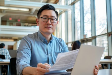 Wall Mural - A man sits at a desk in a modern office, reviewing documents and working on his laptop. He is looking directly at the camera with a focused expression