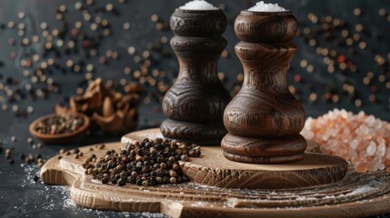 Canvas Print - Peppery himalayan salt and pepper grinder on dark backdrop with space for text