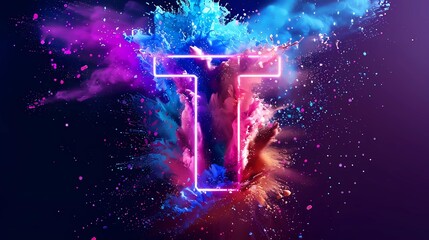 Wall Mural - amazing Letter T with neon color art and powder splash art