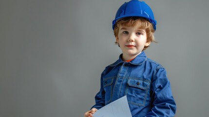 Wall Mural - Boy Engineer with a Hard Hat and Project Plans 