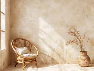 Sticker - Empty beige wall mockup in boho room interior with wicker armchair and vase. Natural daylight from a window. Promotion background.