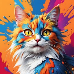  Colorful Cat Portrait with Paint Splatter