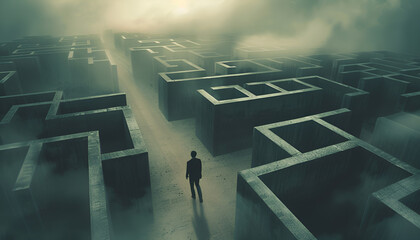 man lost in a complex maze, surreal concept