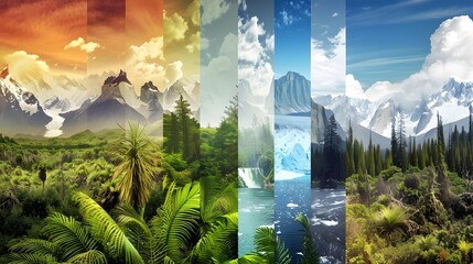 A montage of different ecosystems: dense forests, arid deserts, polar ice caps, and tropical wetlands, all in one image to display ecosystem diversity 