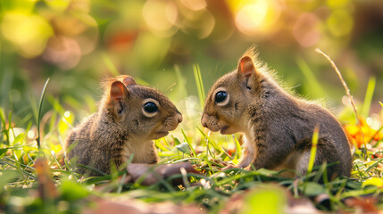 Two little baby squirrel on the grass, Animal photography