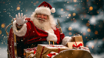 santa claus in his sleigh with gifts in snow