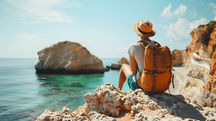 Backpacker Relaxing on a Rocky Cliff Overlooking the Ocean Photo